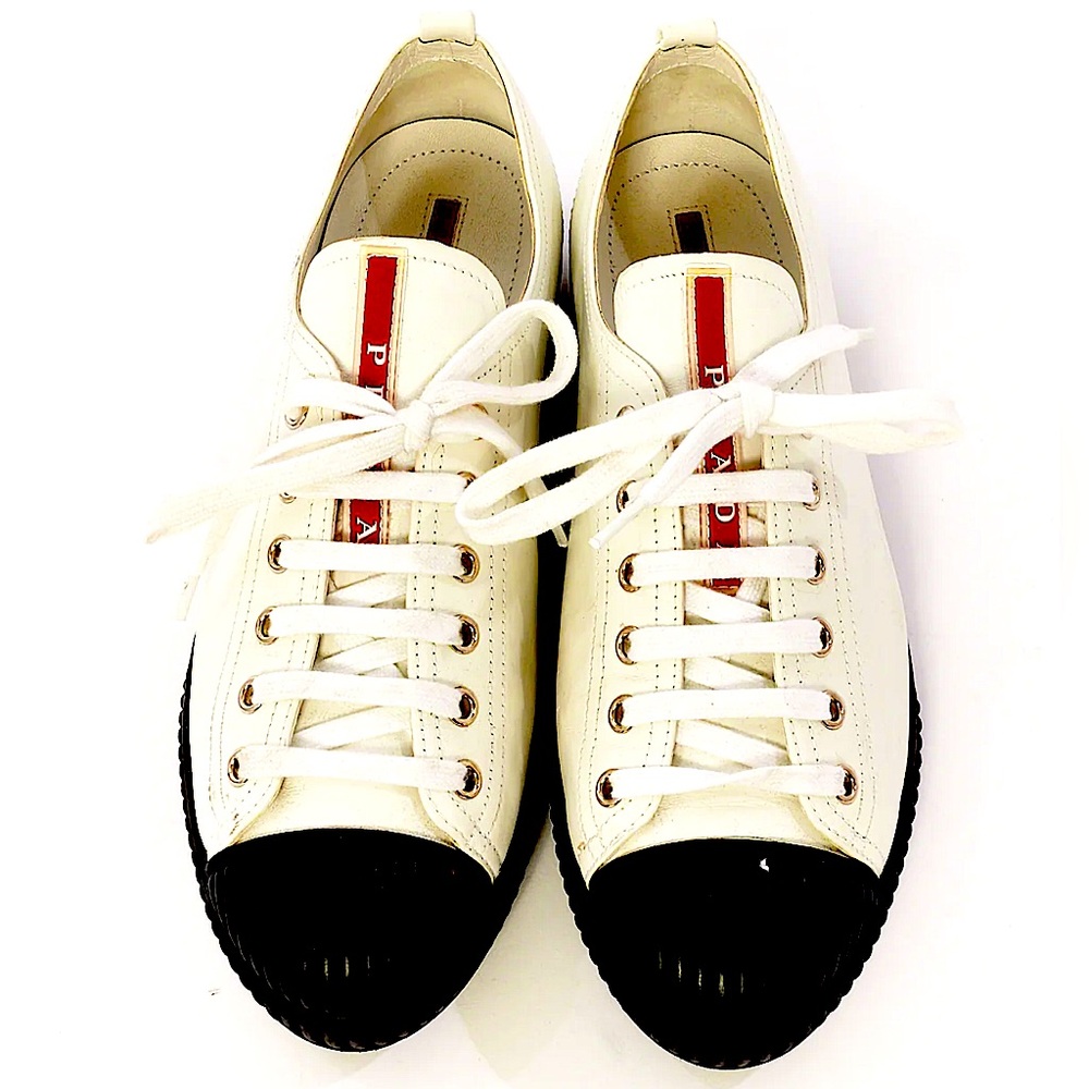 Prada White Red Donna Vitello Cap Toe Sneakers Size 38